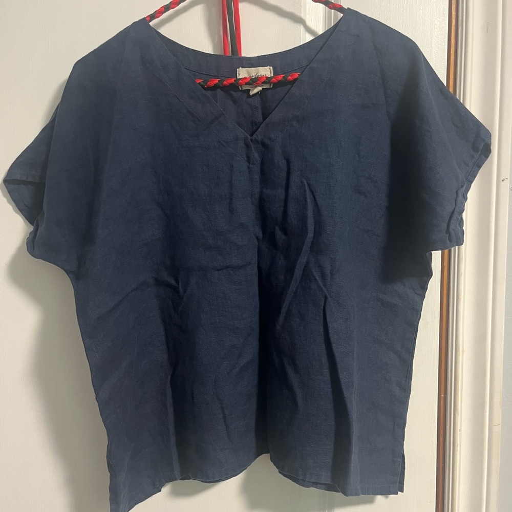 Linen Navy Blue V neck dolman sleeve top